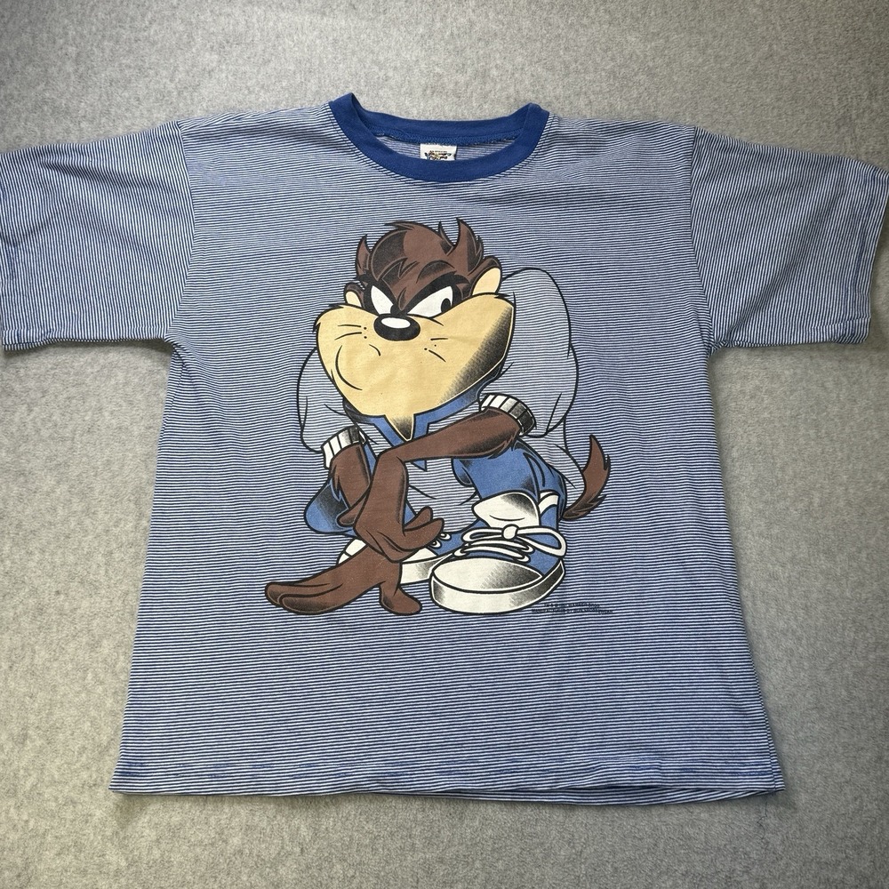 Vintage 90s Looney Tunes Taz Striped Shirt Hip Hop Cartoon Tee M
